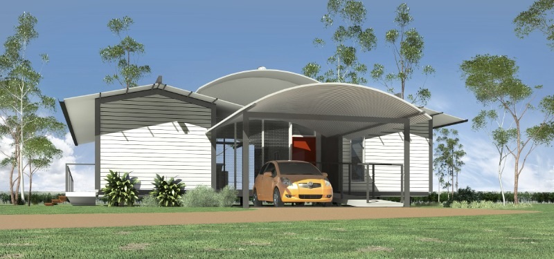 factory built home modules connected by large curved roof